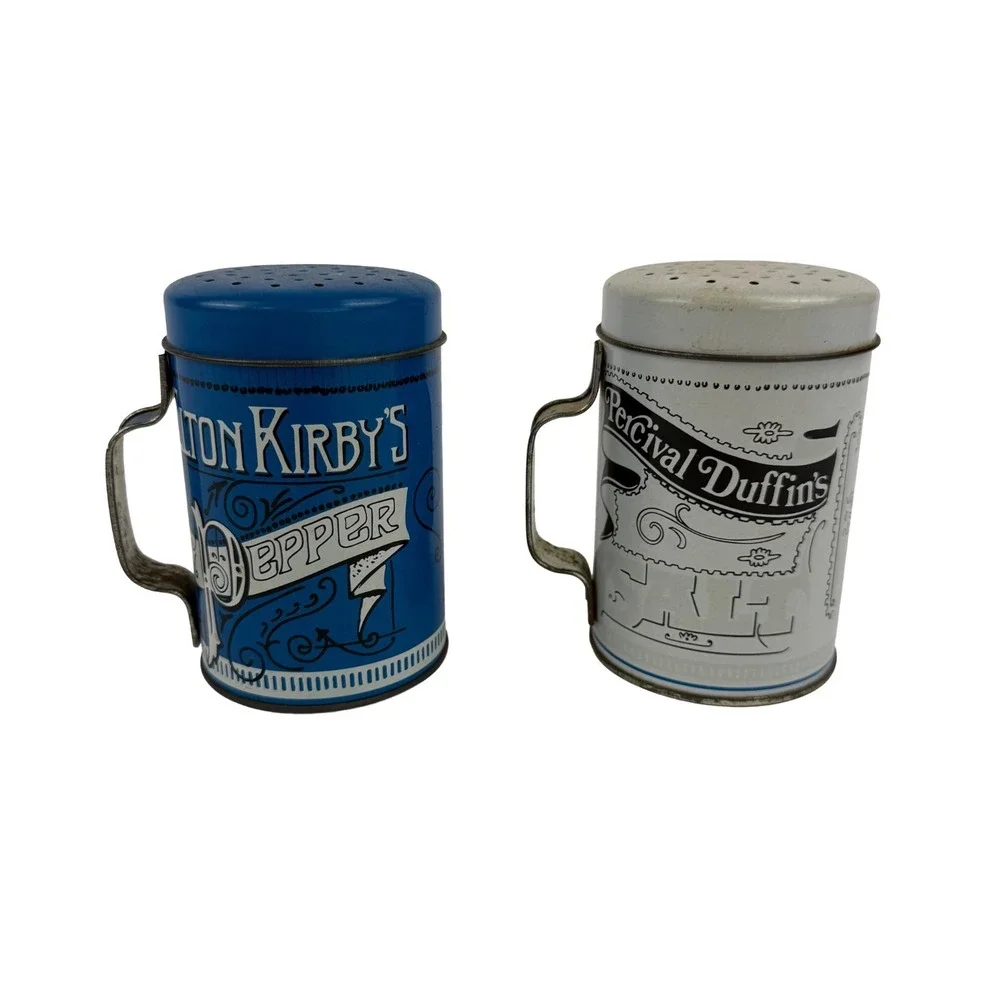 Vintage Salt & Pepper Shakers Tin Rare Blue Elton‎ Kirbys and Percival Duffins